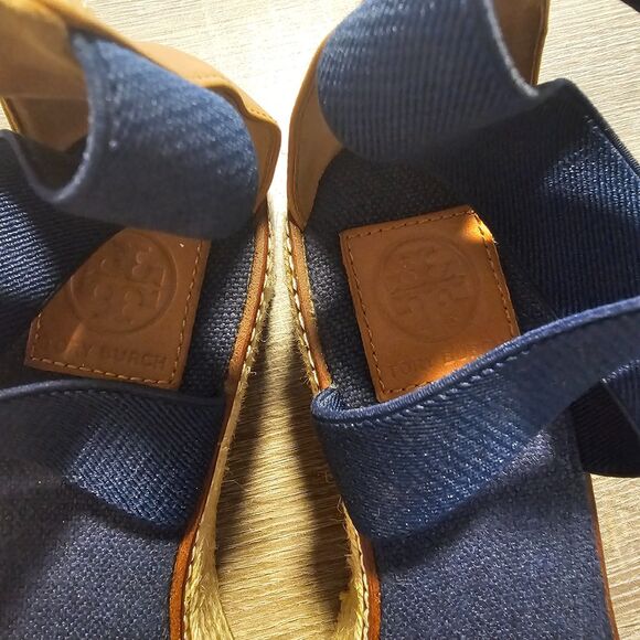 Tory Burch Freida Canvas Leather Blue Platform Espadrille Sandals Women’s Size 9 - Picture 4 of 5